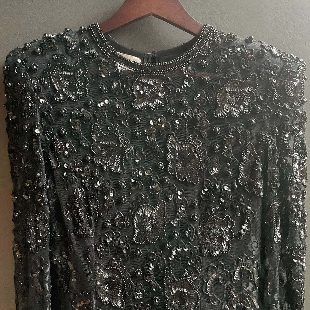 VTG 80s Judith Ann Creations Bead & Sequin Black Drop Waist Cocktail Dress Sz Sm - Picture 4 of 13